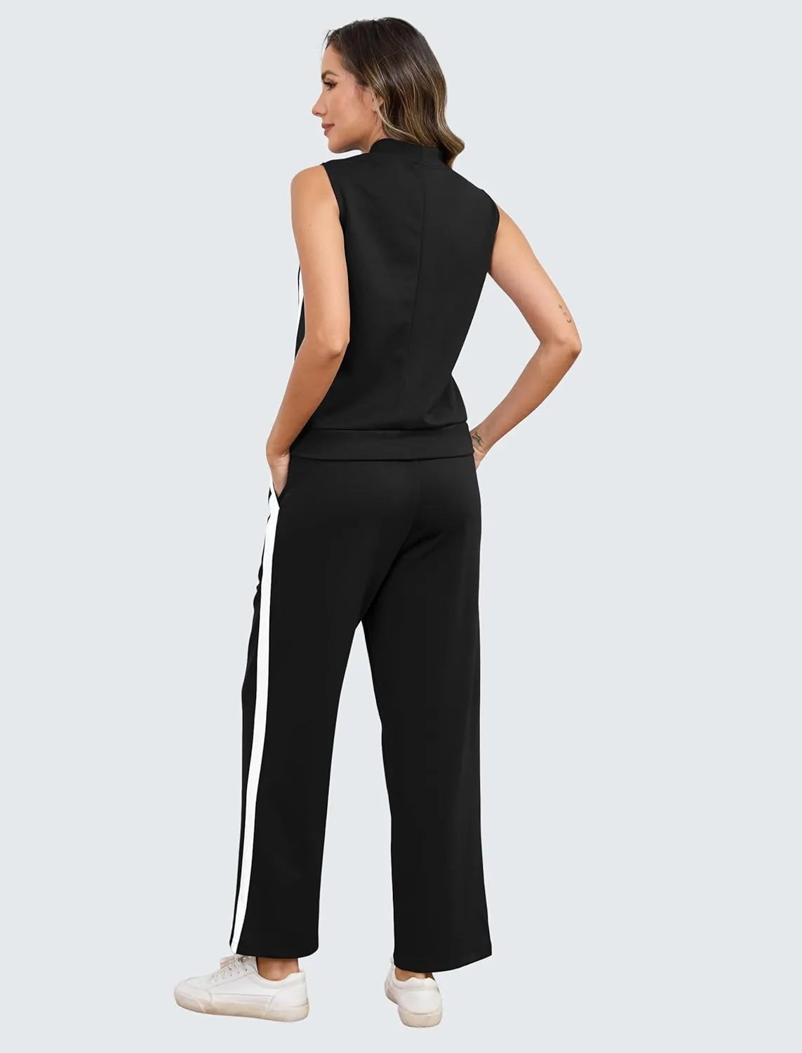 2 Piece Sets for Women Summer Outfits Lounge Sets Mock Neck Wide Leg Pants Stripes Casual Loungewear Tracksuits
