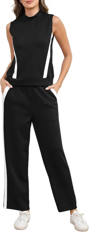 2 Piece Sets for Women Summer Outfits Lounge Sets Mock Neck Wide Leg Pants Stripes Casual Loungewear Tracksuits