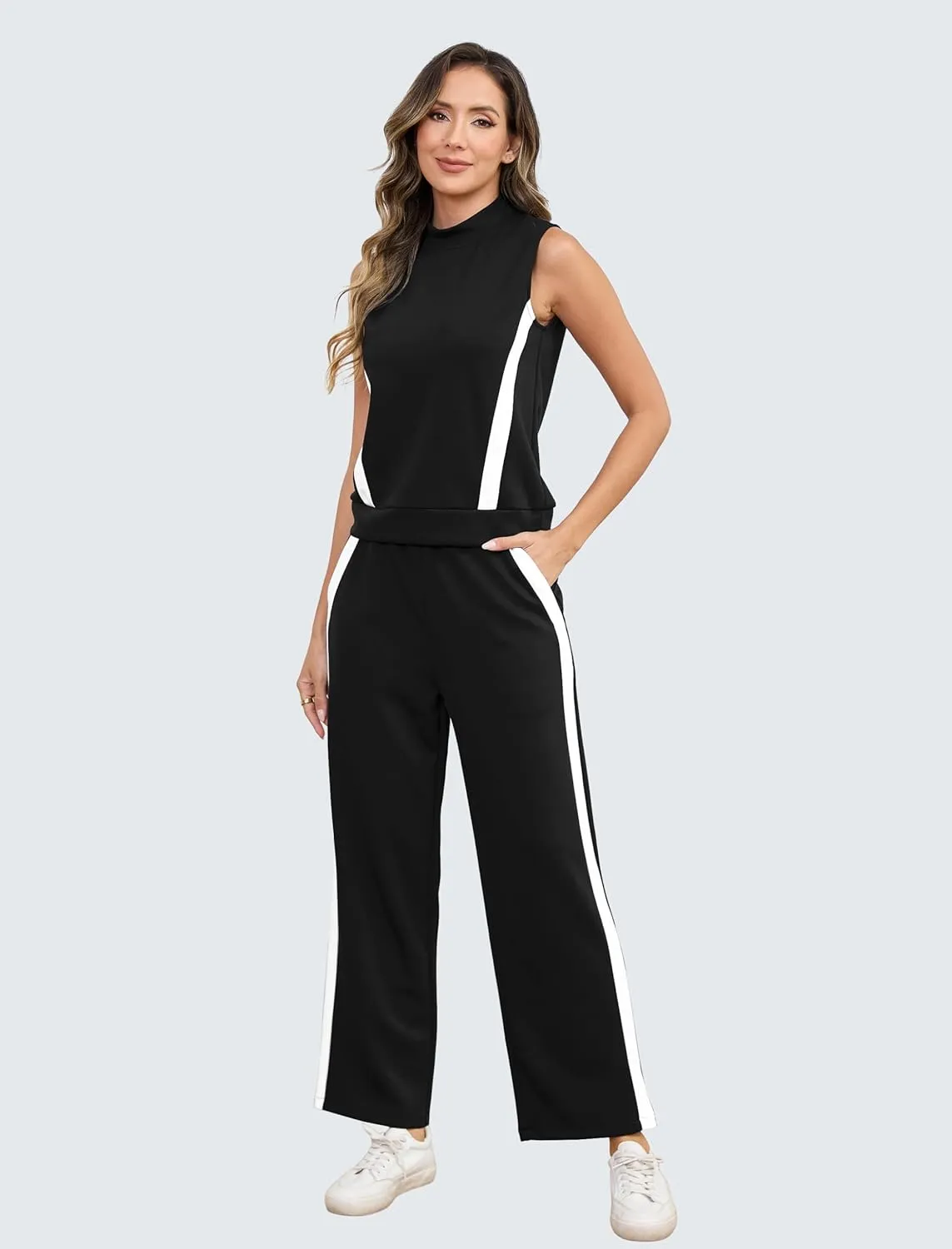 2 Piece Sets for Women Summer Outfits Lounge Sets Mock Neck Wide Leg Pants Stripes Casual Loungewear Tracksuits