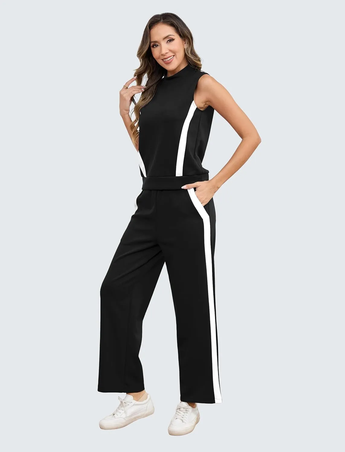 2 Piece Sets for Women Summer Outfits Lounge Sets Mock Neck Wide Leg Pants Stripes Casual Loungewear Tracksuits