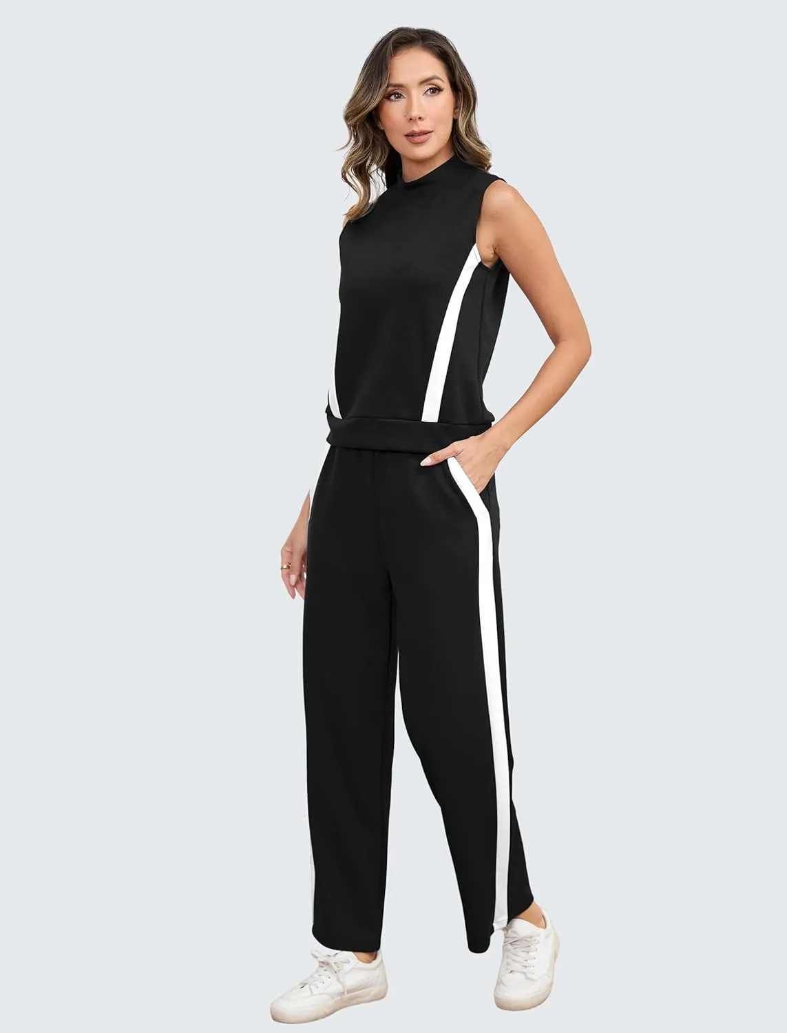 2 Piece Sets for Women Summer Outfits Lounge Sets Mock Neck Wide Leg Pants Stripes Casual Loungewear Tracksuits