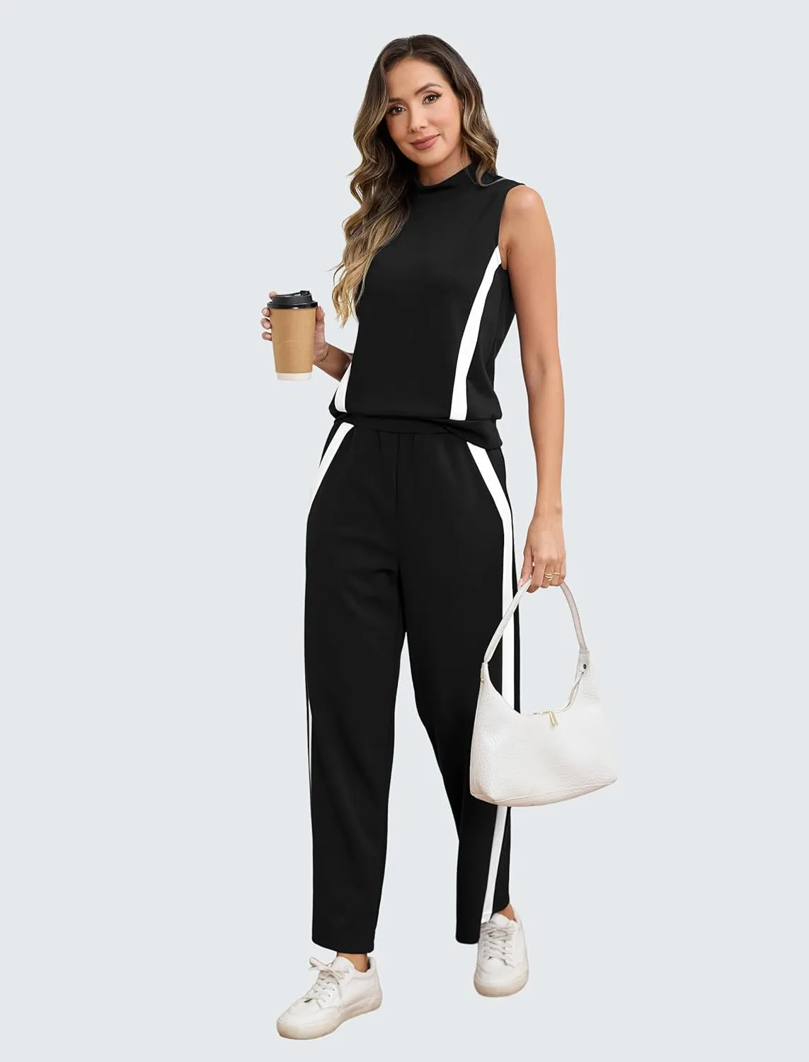 2 Piece Sets for Women Summer Outfits Lounge Sets Mock Neck Wide Leg Pants Stripes Casual Loungewear Tracksuits