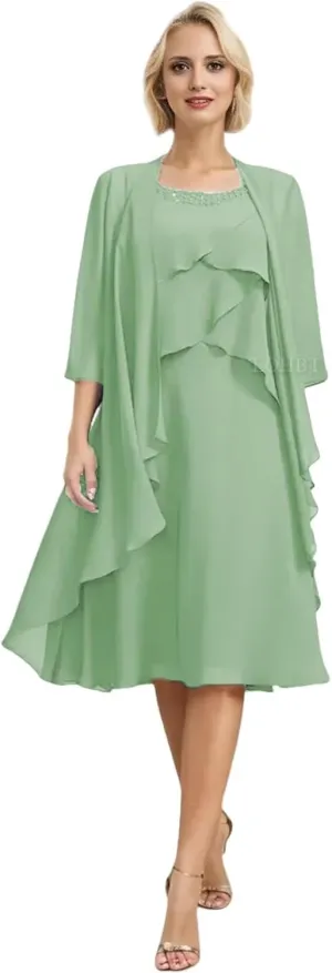 2 Pieces Mother of The Bride Dresses for Wedding Tiered Beaded Chiffon Knee Length Formal Evening Gowns with Jacket