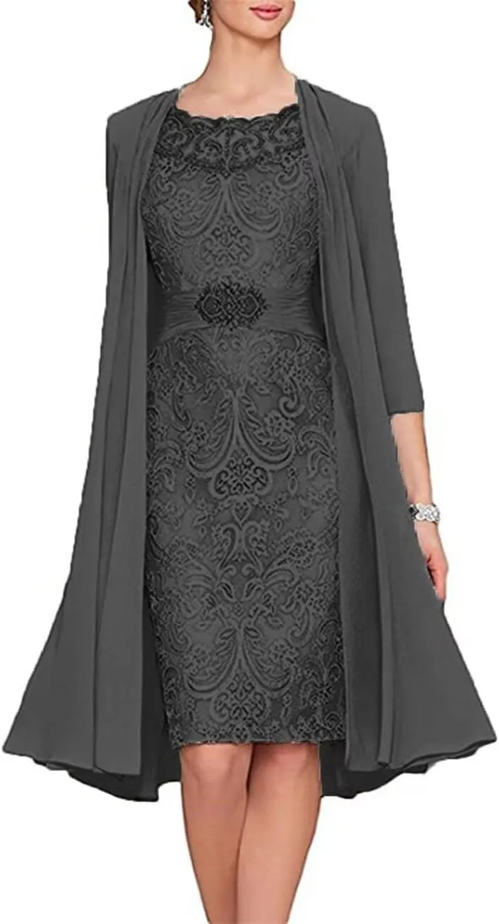 2 Pieces Tea Length Mother of The Bride Dresses for Wedding Beaded Appliques Chiffon Formal Evening Gowns with Jacket