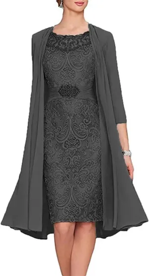2 Pieces Tea Length Mother of The Bride Dresses for Wedding Beaded Appliques Chiffon Formal Evening Gowns with Jacket
