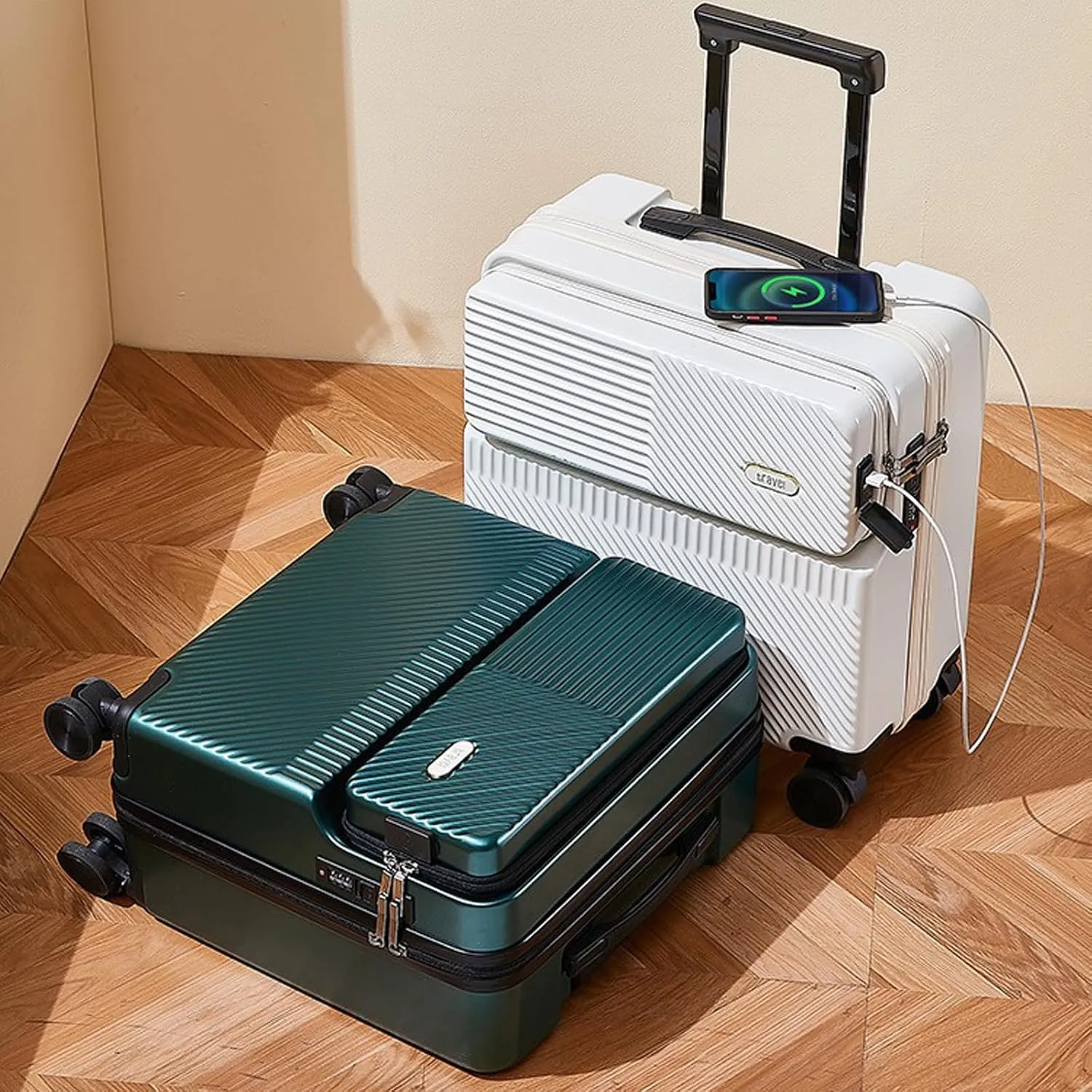 20 Inch Hard Shell Carry On Luggage with Spinner Wheels - Durable PC Suitcase for Travel, White(Green,20in)