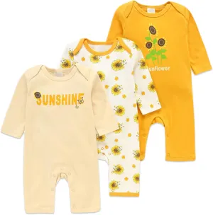 3-Pack Baby Footless Rompers, Infant Cotton Coveralls Onesie Jumpsuit for Boys Girls