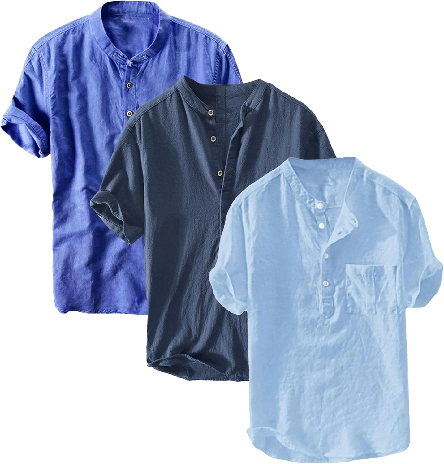 3 Pack Men's Lightweight Cotton Linen Shirt Short Sleeve Henley T-Shirts for Men Summer Casual Beach Tee Tops