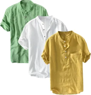 3 Pack Men's Lightweight Cotton Linen Shirt Short Sleeve Henley T-Shirts for Men Summer Casual Beach Tee Tops
