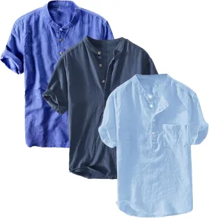 3 Pack Men's Lightweight Cotton Linen Shirt Short Sleeve Henley T-Shirts for Men Summer Casual Beach Tee Tops