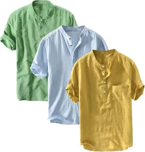 3 Pack Men's Lightweight Cotton Linen Shirt Short Sleeve Henley T-Shirts for Men Summer Casual Beach Tee Tops
