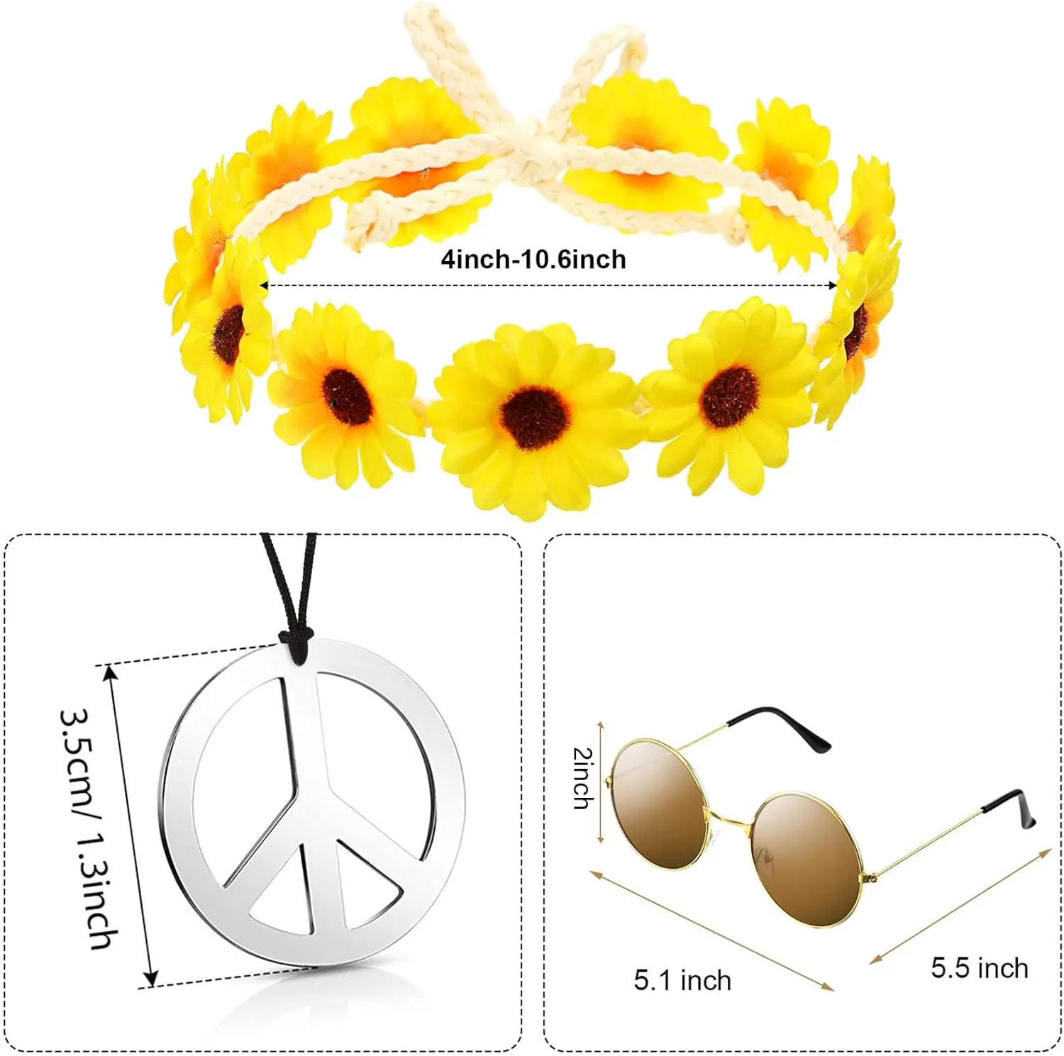 4 Pieces Halloween Carnival 60s 70s Women Hippie Costume Set Fringe Vest Faux Tassels Sunflower Hairband Necklace Glasses
