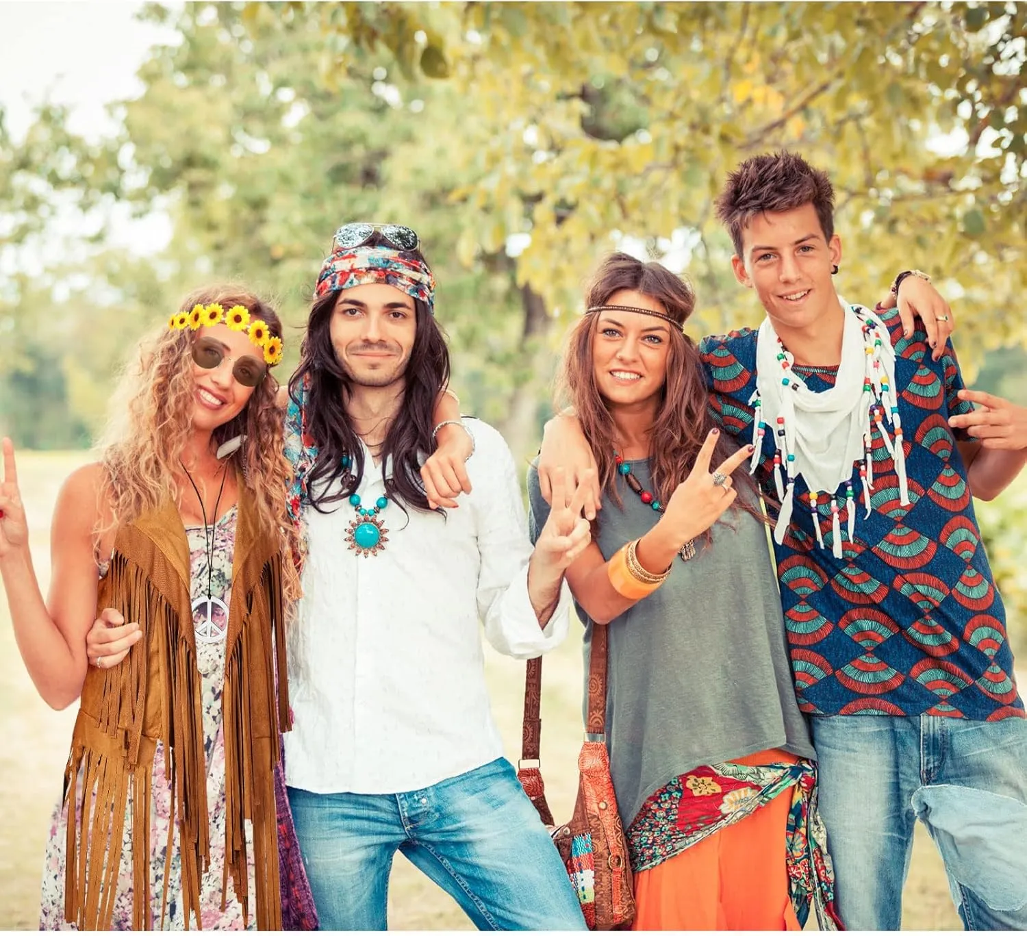 4 Pieces Halloween Carnival 60s 70s Women Hippie Costume Set Fringe Vest Faux Tassels Sunflower Hairband Necklace Glasses