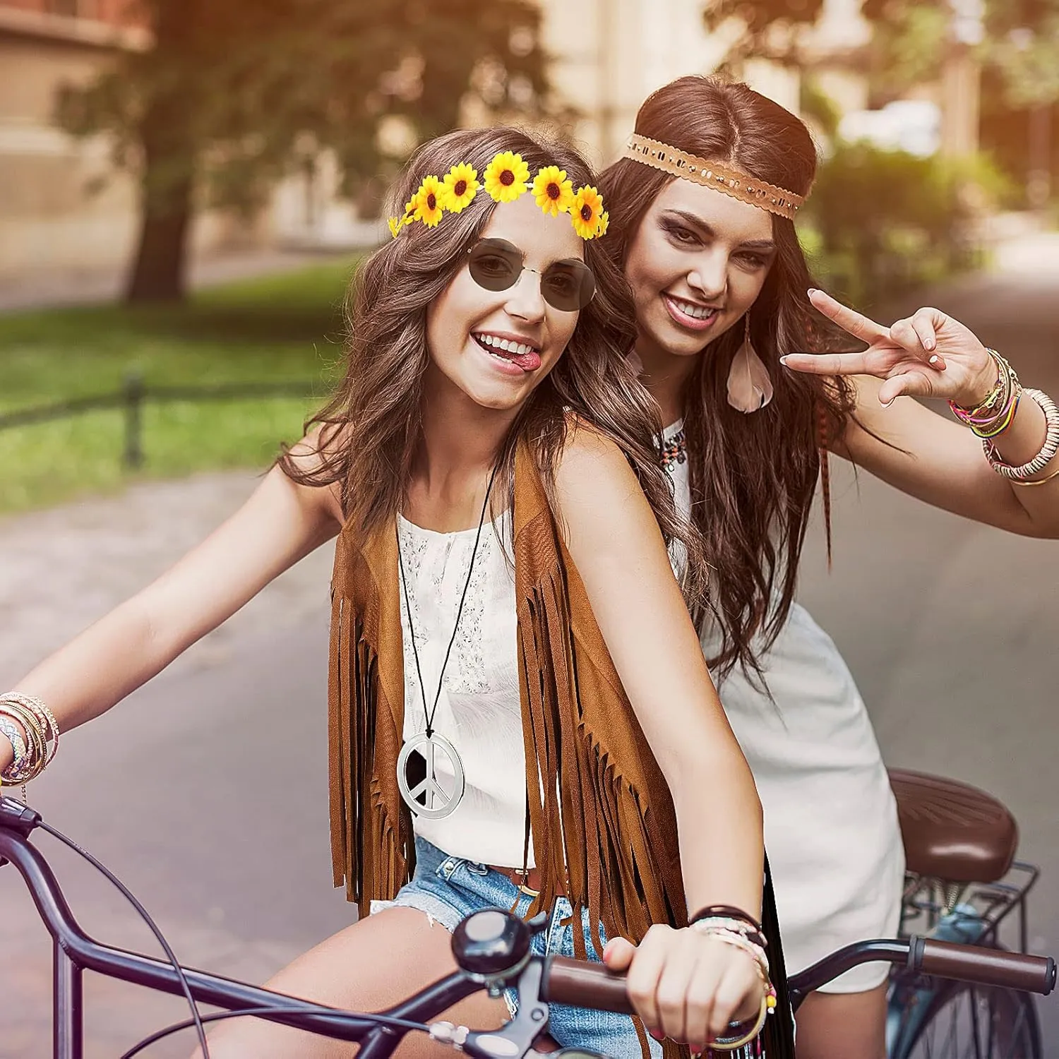 4 Pieces Halloween Carnival 60s 70s Women Hippie Costume Set Fringe Vest Faux Tassels Sunflower Hairband Necklace Glasses