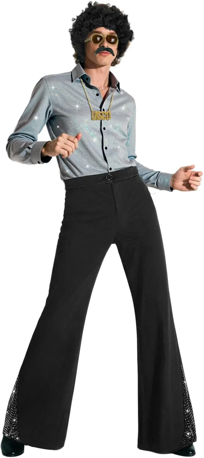70s Outfits for Men 6 Pcs Disco Outfit Retro Costume with Bell Bottom Pants