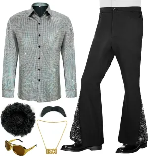 70s Outfits for Men 6 Pcs Disco Outfit Retro Costume with Bell Bottom Pants
