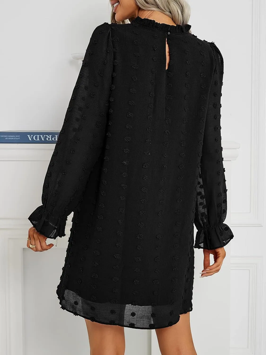Adibosy Women Dress Long Sleeve: Flowy Wedding Guest Casual Mini Dresses for Womens Swiss Dot Chiffon Short Dress