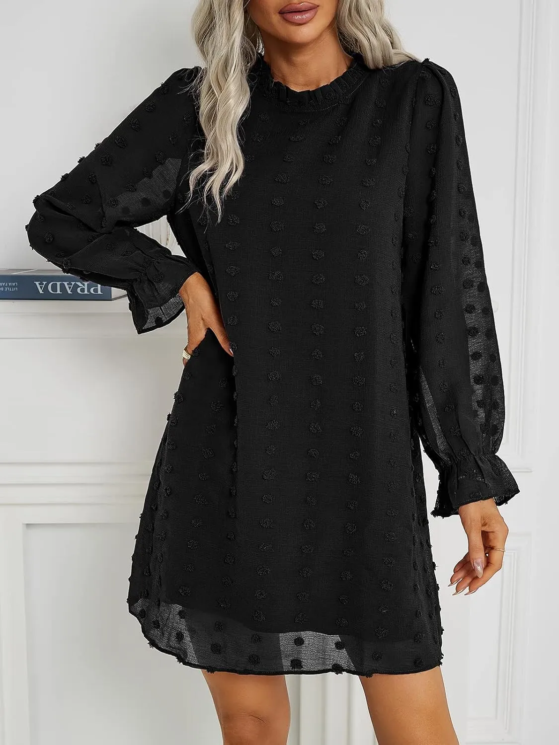 Adibosy Women Dress Long Sleeve: Flowy Wedding Guest Casual Mini Dresses for Womens Swiss Dot Chiffon Short Dress