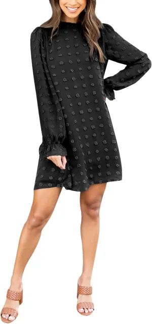 Adibosy Women Dress Long Sleeve: Flowy Wedding Guest Casual Mini Dresses for Womens Swiss Dot Chiffon Short Dress