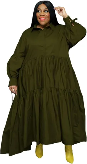 Adogirl Women's Plus Size Dress Fall Long Sleeve Button Down Ruffle Hem Bandage Oversized Loose Long Maxi Swing Dresses