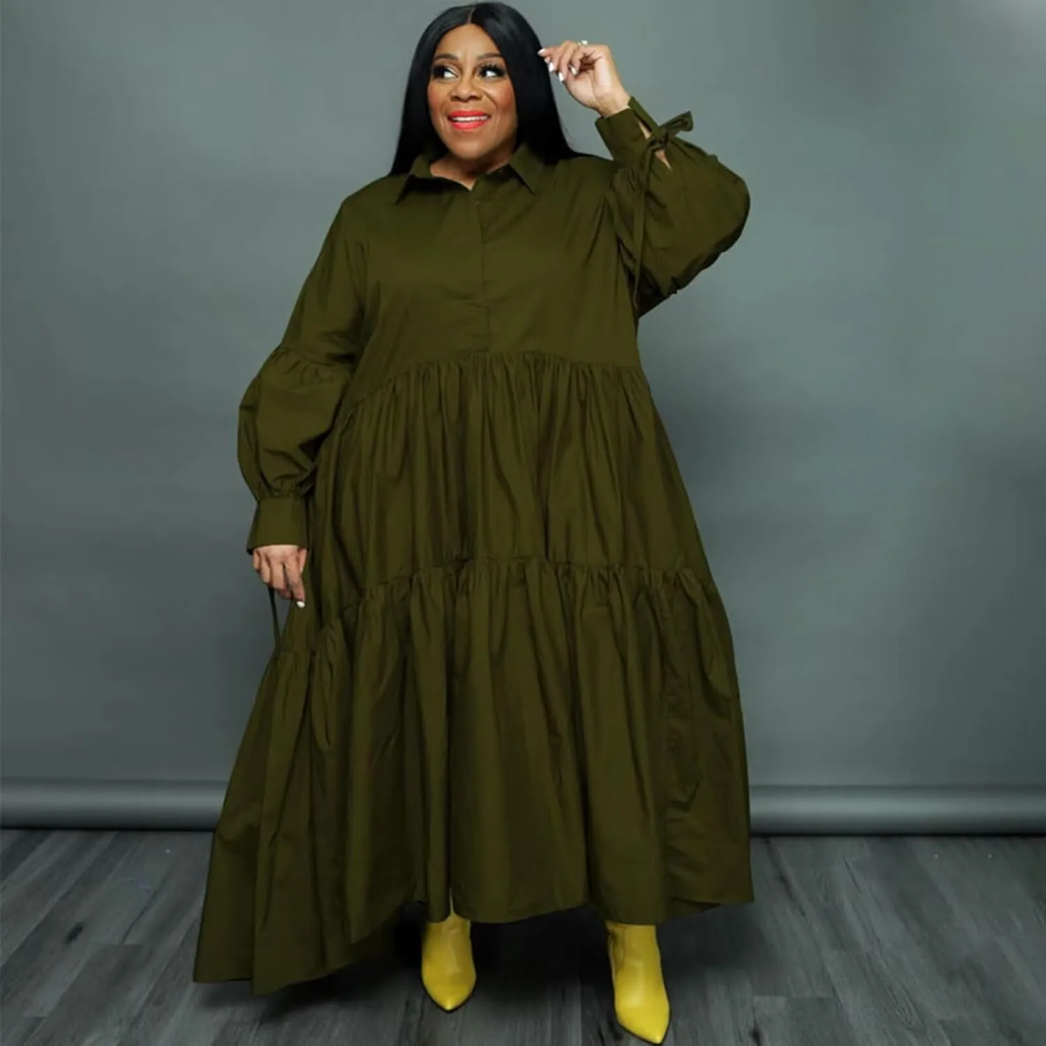 Adogirl Women's Plus Size Dress Fall Long Sleeve Button Down Ruffle Hem Bandage Oversized Loose Long Maxi Swing Dresses