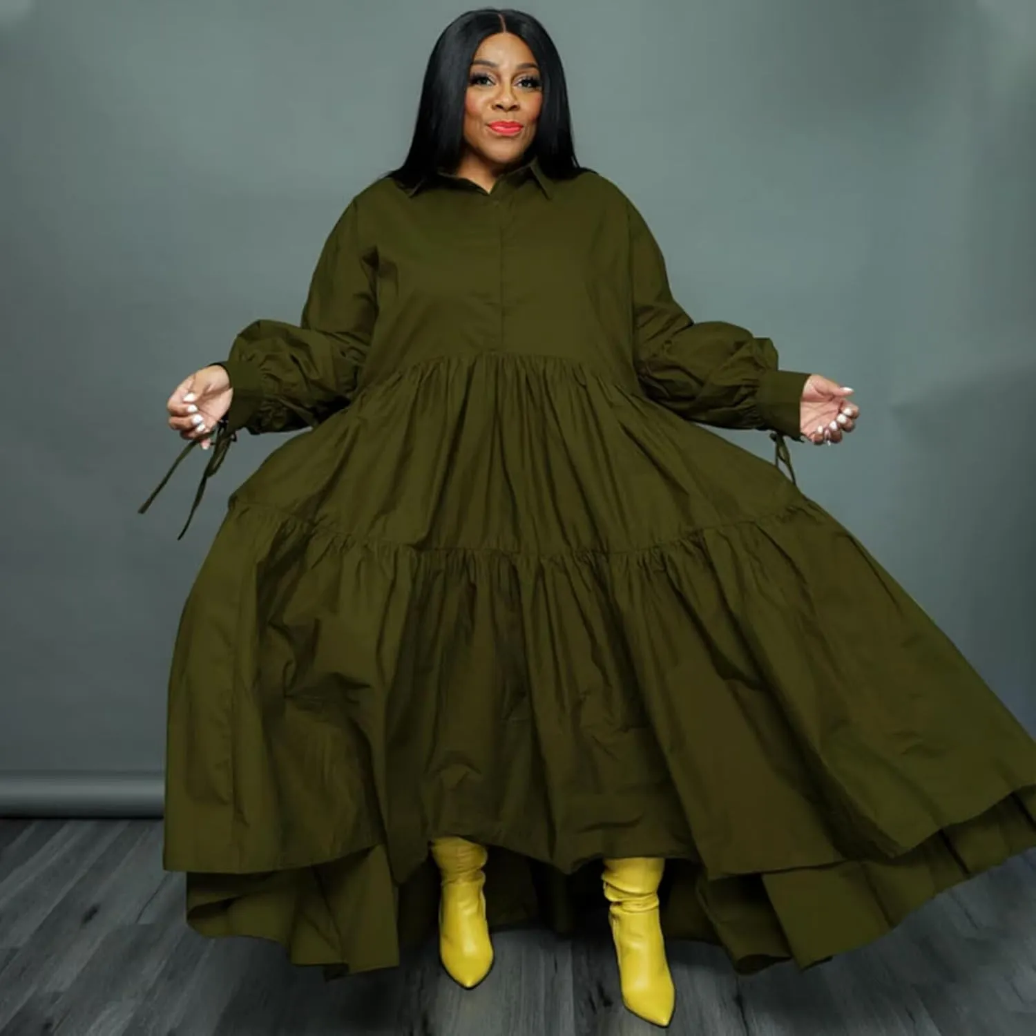 Adogirl Women's Plus Size Dress Fall Long Sleeve Button Down Ruffle Hem Bandage Oversized Loose Long Maxi Swing Dresses
