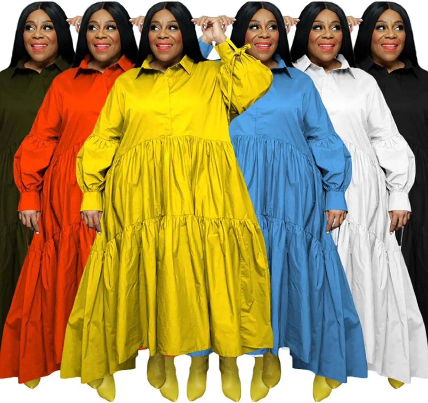 Adogirl Women's Plus Size Dress Fall Long Sleeve Button Down Ruffle Hem Bandage Oversized Loose Long Maxi Swing Dresses