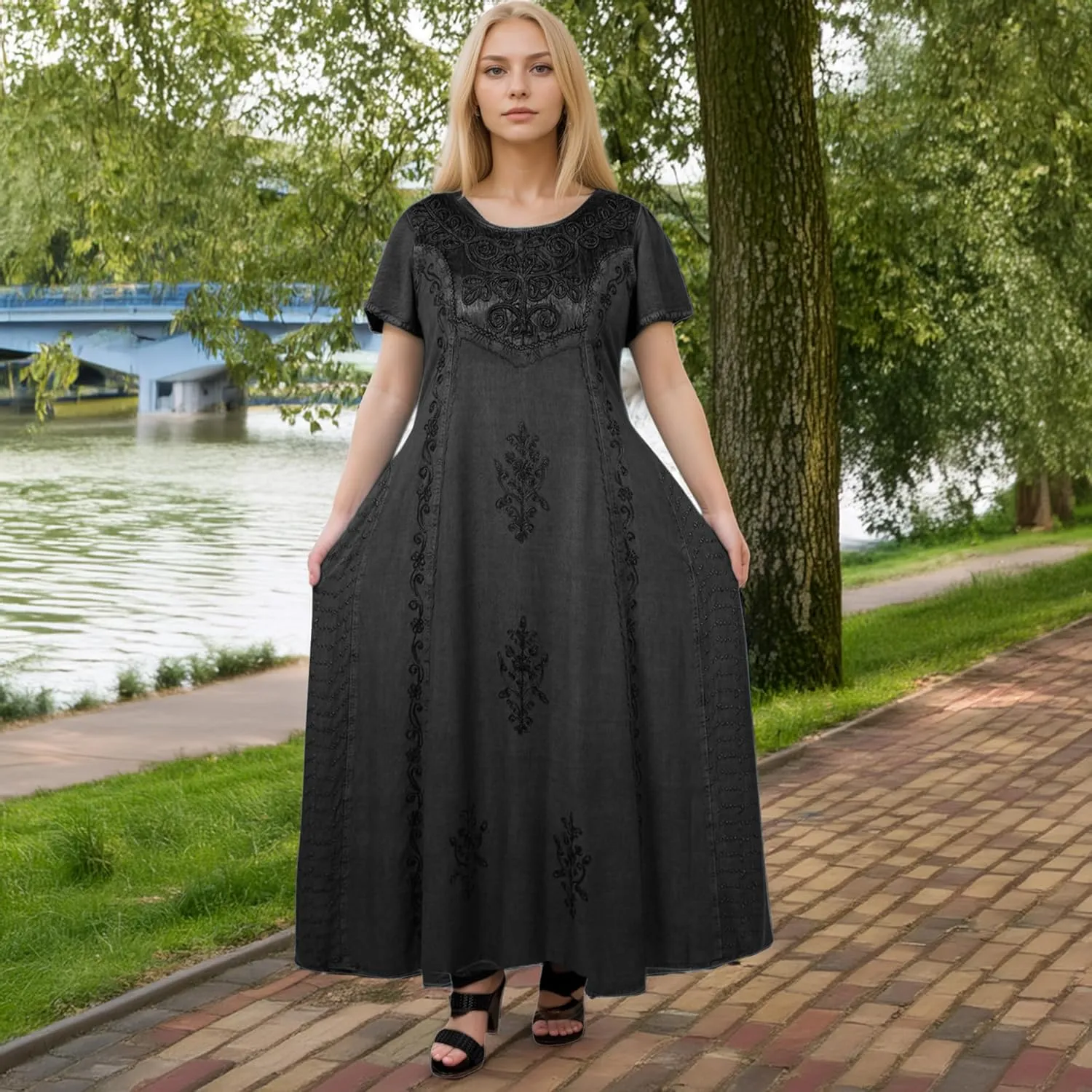 Agan Traders Women's 2025 Spring Sleeveless Maxi Dress for Women - Short Sleeve Embroidered Long Sun Dress Gown