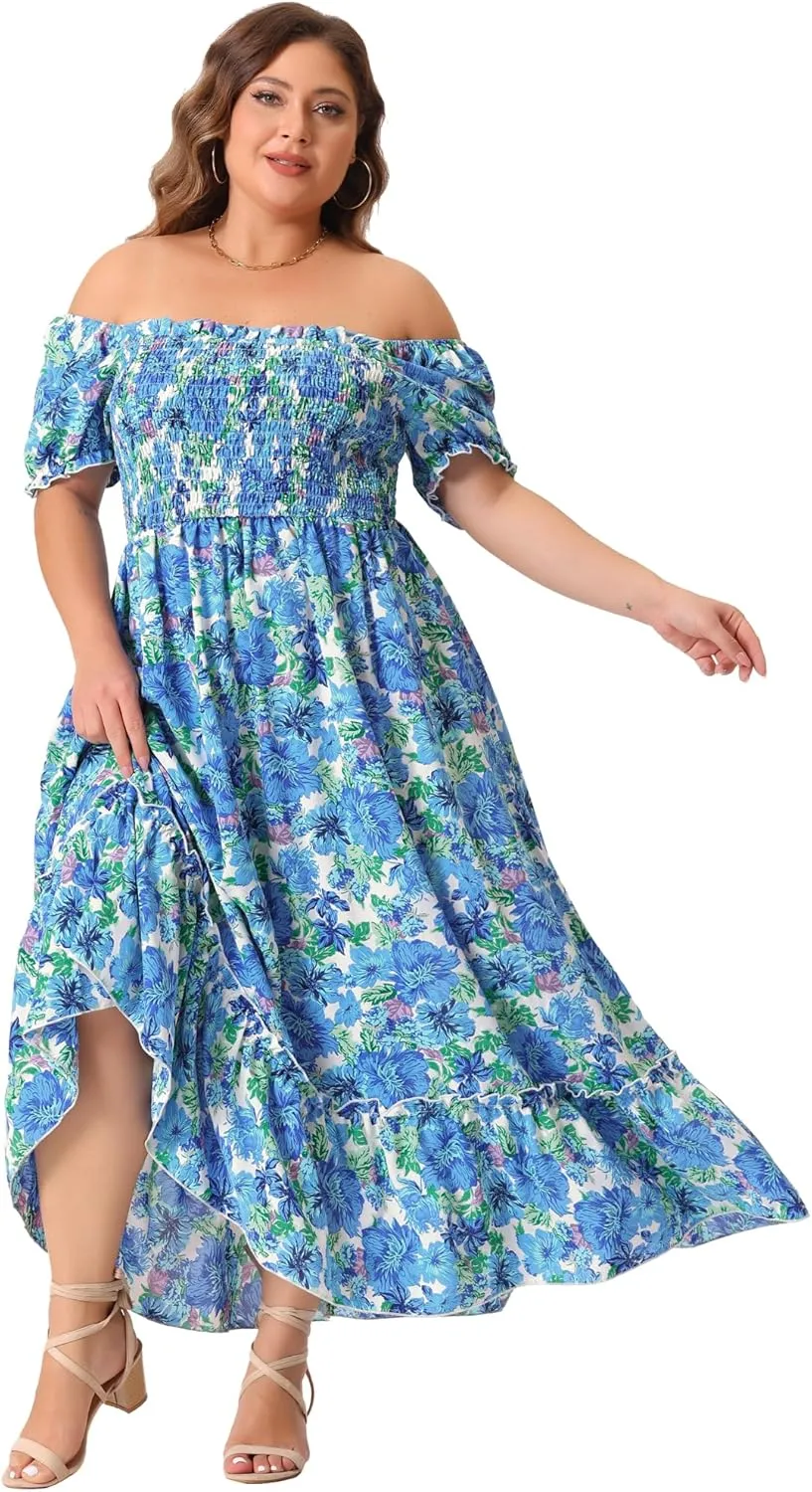 Agnes Orinda Plus Size Dress for Women Short Sleeve Shirred Square Neck Floral Maxi Long Dresses