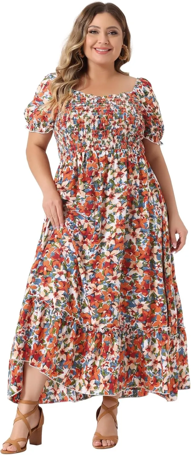 Agnes Orinda Plus Size Dress for Women Short Sleeve Shirred Square Neck Floral Maxi Long Dresses