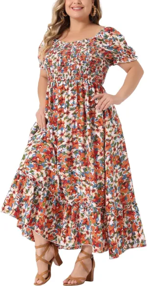 Agnes Orinda Plus Size Dress for Women Short Sleeve Shirred Square Neck Floral Maxi Long Dresses