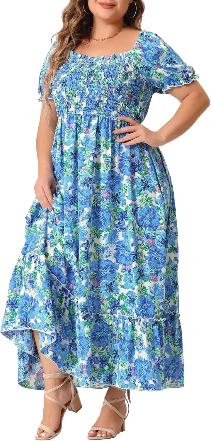 Agnes Orinda Plus Size Dress for Women Short Sleeve Shirred Square Neck Floral Maxi Long Dresses