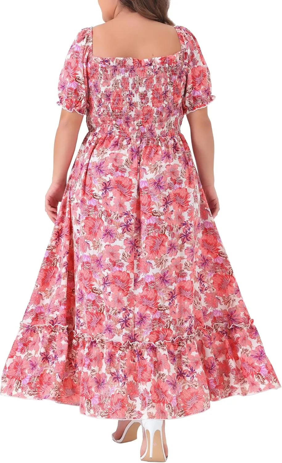 Agnes Orinda Plus Size Dress for Women Short Sleeve Shirred Square Neck Floral Maxi Long Dresses
