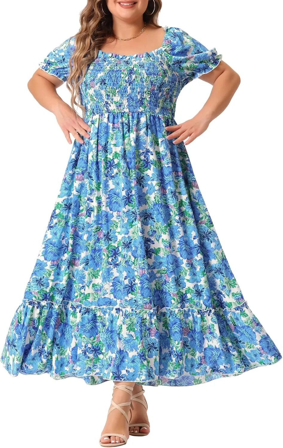 Agnes Orinda Plus Size Dress for Women Short Sleeve Shirred Square Neck Floral Maxi Long Dresses