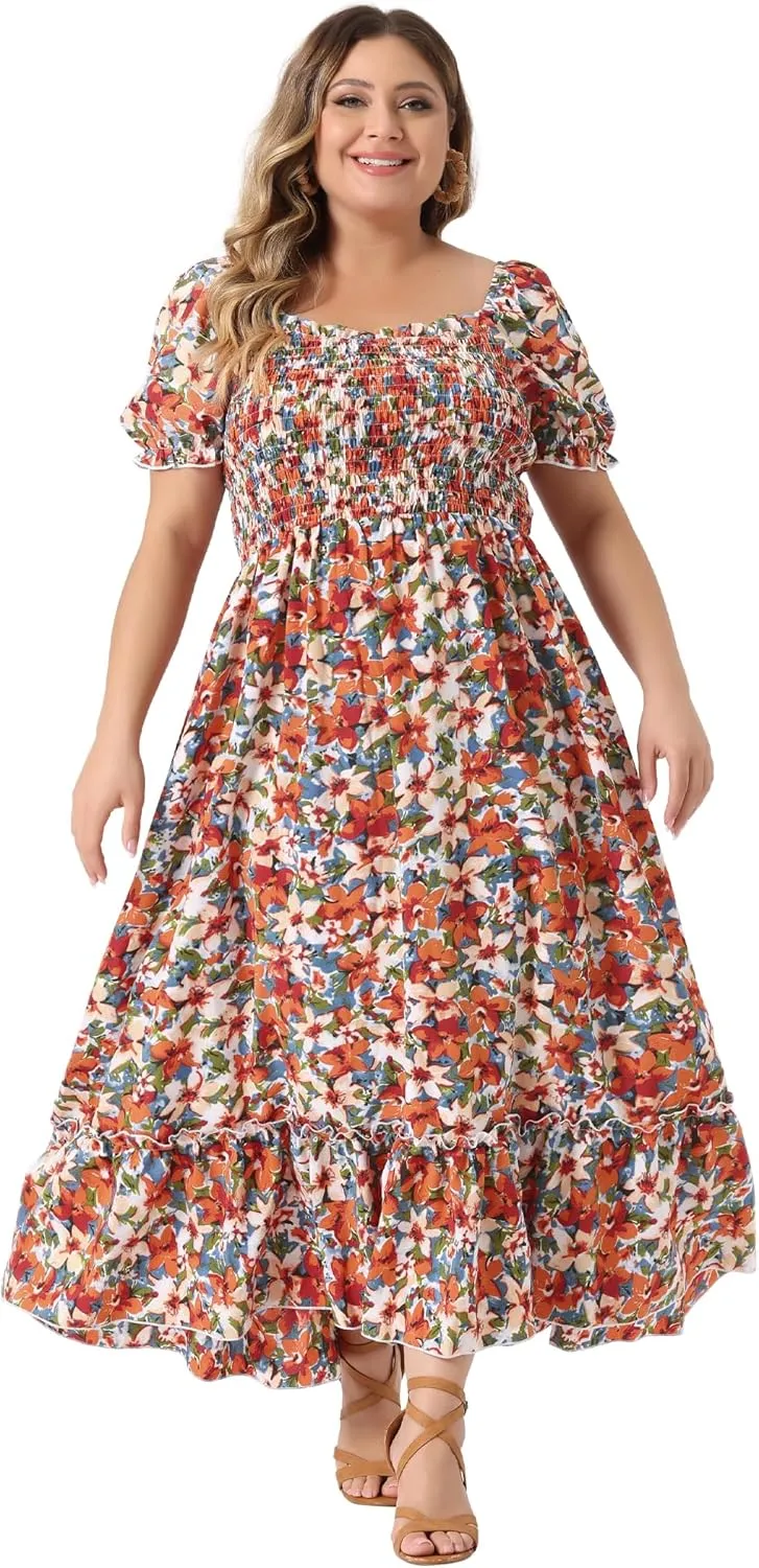Agnes Orinda Plus Size Dress for Women Short Sleeve Shirred Square Neck Floral Maxi Long Dresses