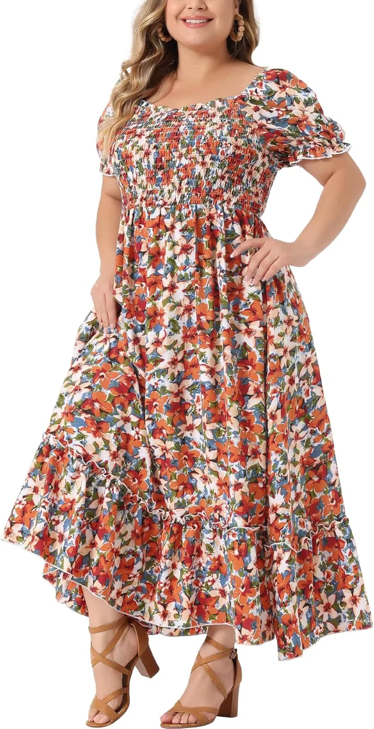 Agnes Orinda Plus Size Dress for Women Short Sleeve Shirred Square Neck Floral Maxi Long Dresses