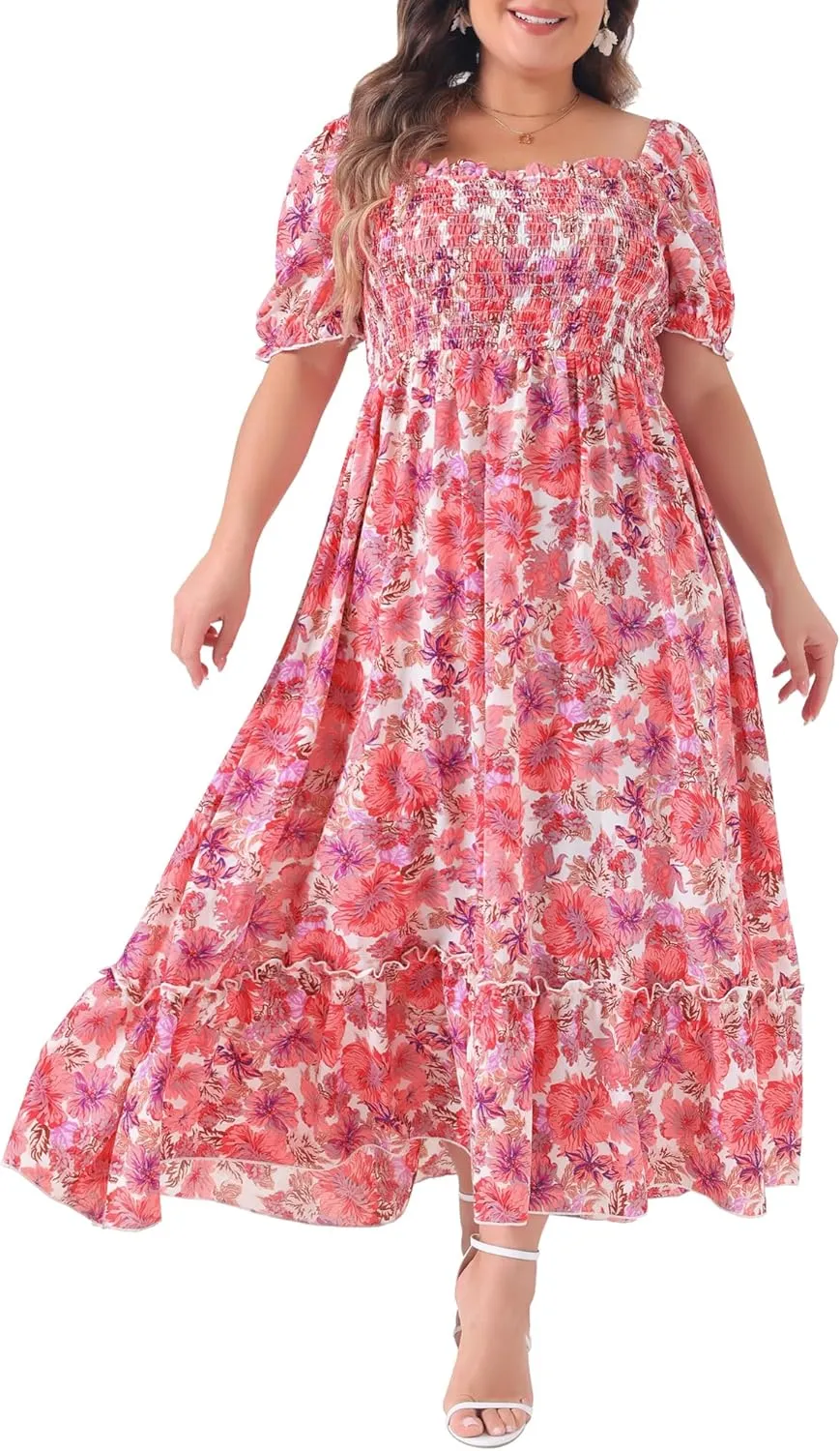 Agnes Orinda Plus Size Dress for Women Short Sleeve Shirred Square Neck Floral Maxi Long Dresses