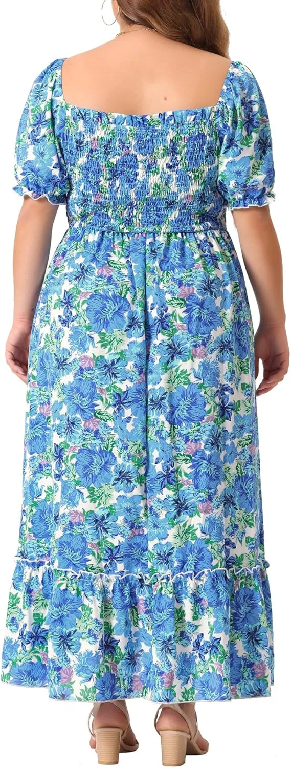 Agnes Orinda Plus Size Dress for Women Short Sleeve Shirred Square Neck Floral Maxi Long Dresses