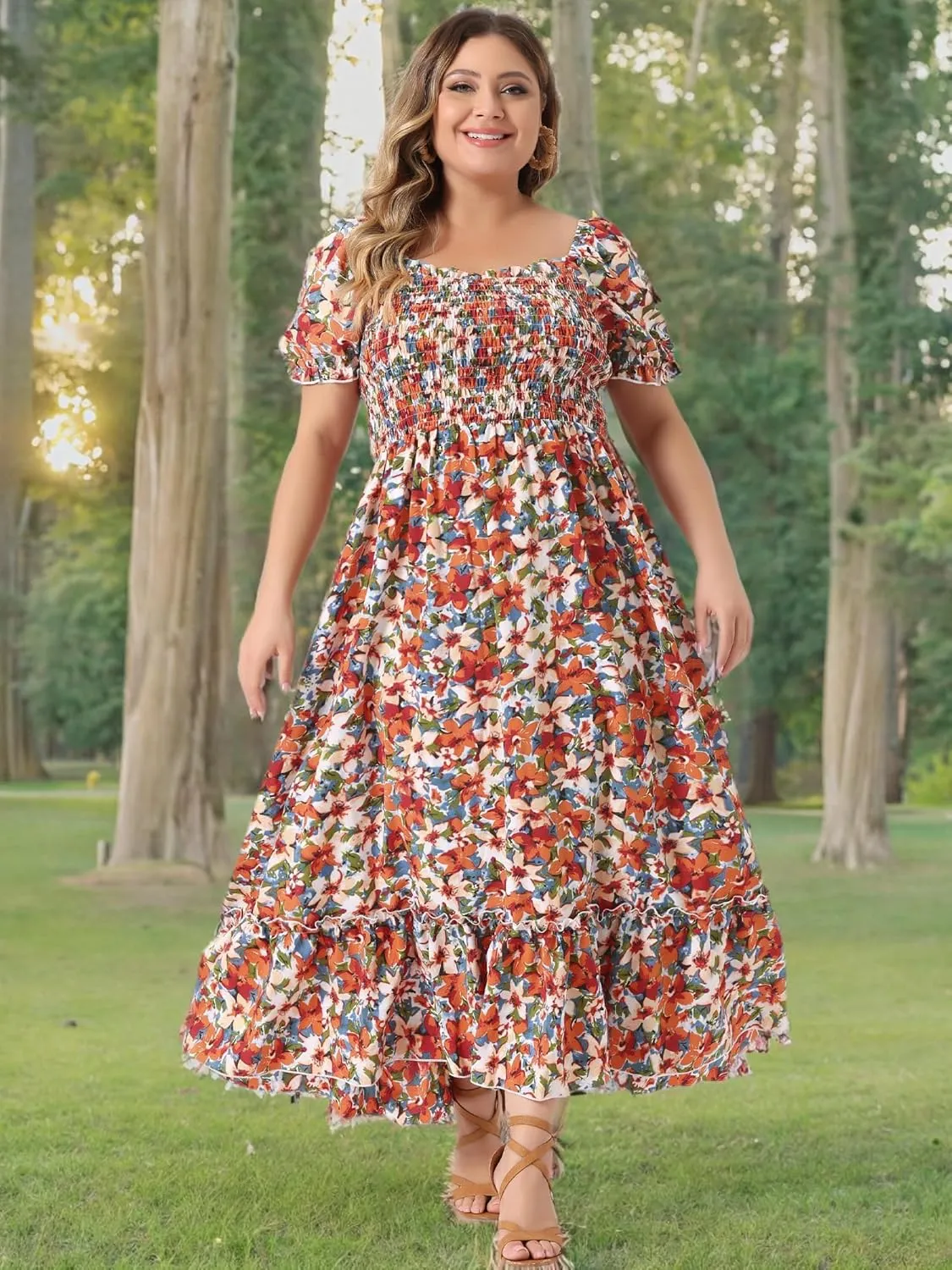 Agnes Orinda Plus Size Dress for Women Short Sleeve Shirred Square Neck Floral Maxi Long Dresses