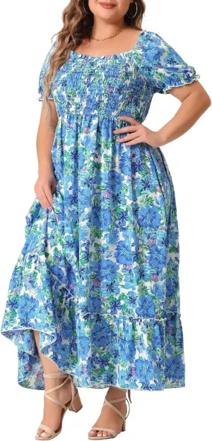 Agnes Orinda Plus Size Dress for Women Short Sleeve Shirred Square Neck Floral Maxi Long Dresses