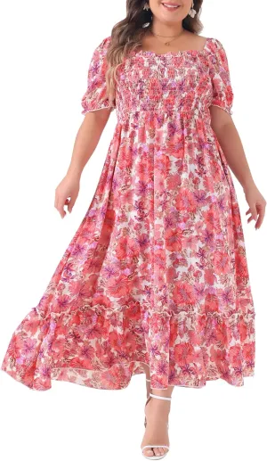 Agnes Orinda Plus Size Dress for Women Short Sleeve Shirred Square Neck Floral Maxi Long Dresses
