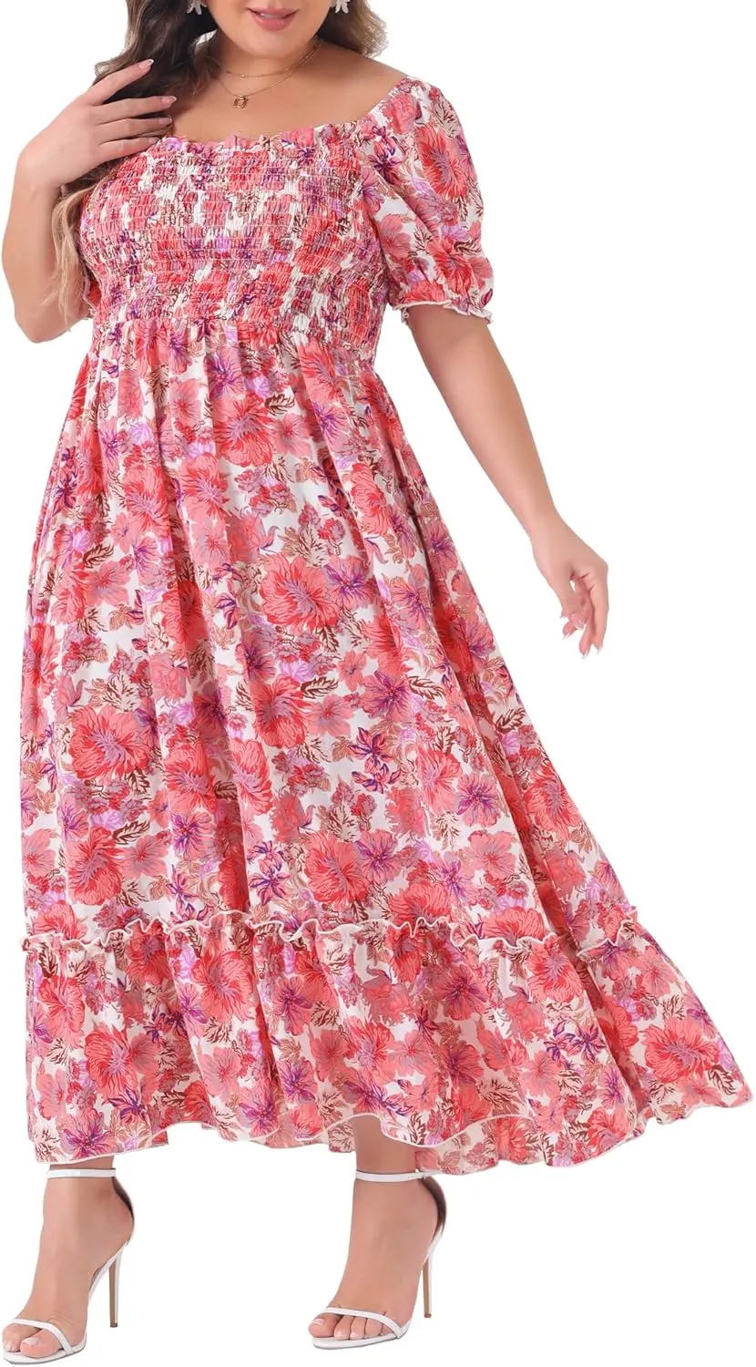 Agnes Orinda Plus Size Dress for Women Short Sleeve Shirred Square Neck Floral Maxi Long Dresses