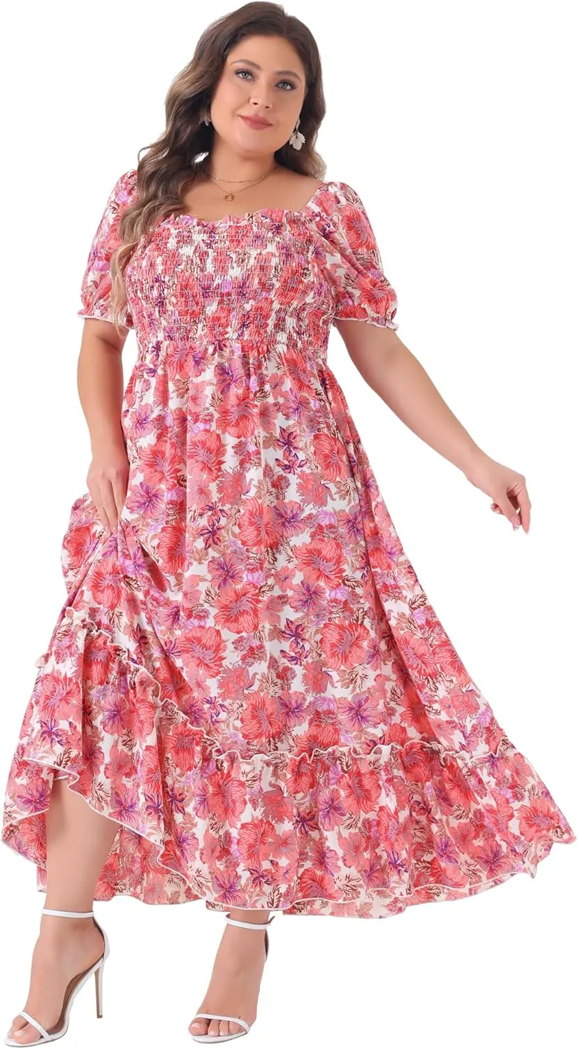 Agnes Orinda Plus Size Dress for Women Short Sleeve Shirred Square Neck Floral Maxi Long Dresses