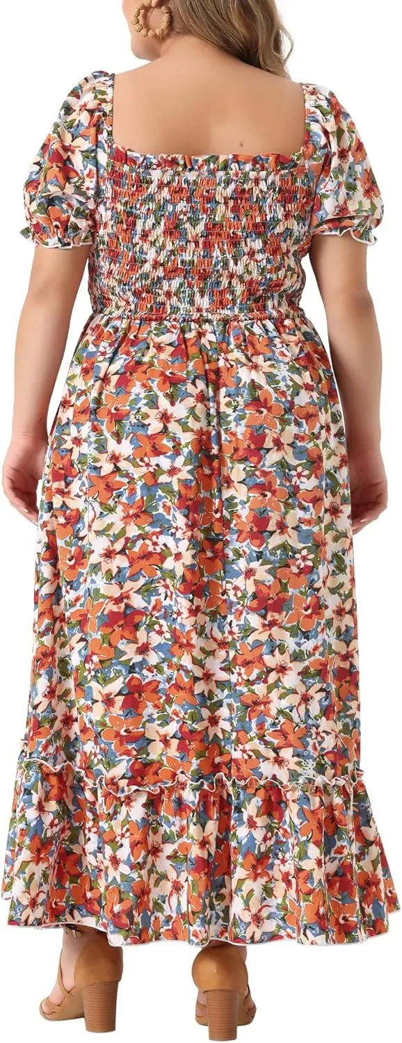 Agnes Orinda Plus Size Dress for Women Short Sleeve Shirred Square Neck Floral Maxi Long Dresses