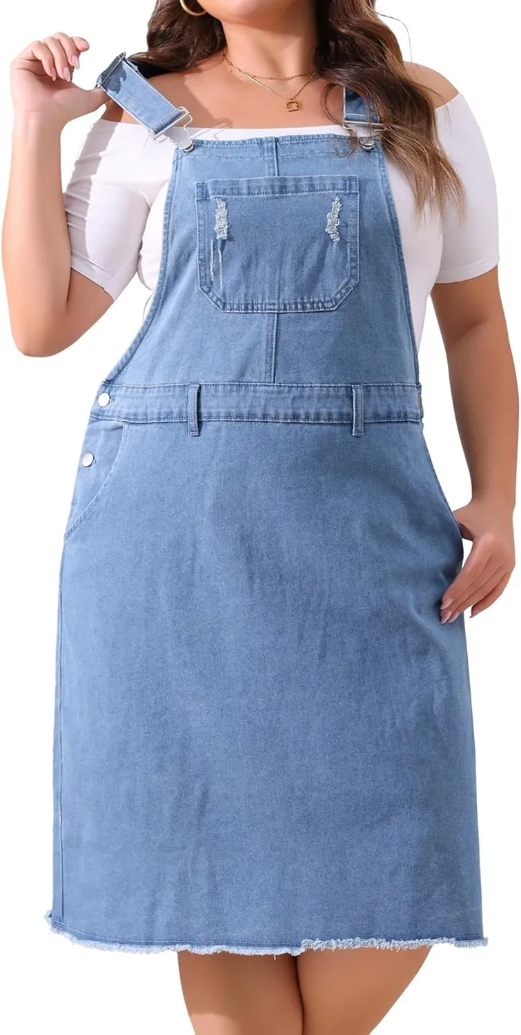 Agnes Orinda Women's Plus Size Overalls Dresses Jean Skirt Distressed Racerback Suspender Denim Overall Dress