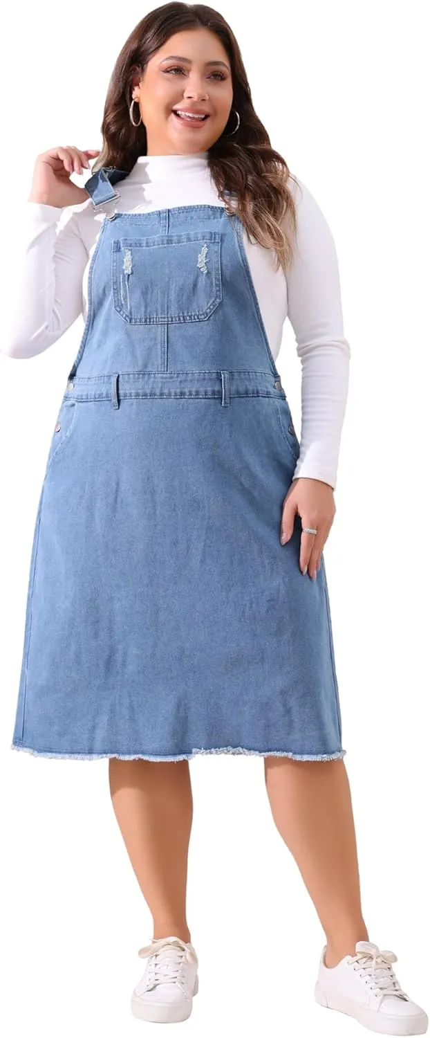 Agnes Orinda Women's Plus Size Overalls Dresses Jean Skirt Distressed Racerback Suspender Denim Overall Dress