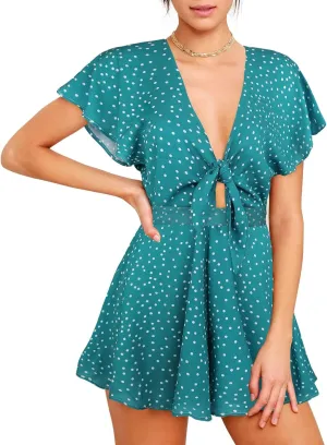 AGQT Women's Sexy V-Neck Self-Tie Front Romper Short Jumpsuit Playsuit Mini Outfit Dress Boho