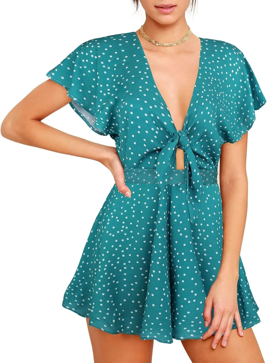 AGQT Women's Sexy V-Neck Self-Tie Front Romper Short Jumpsuit Playsuit Mini Outfit Dress Boho