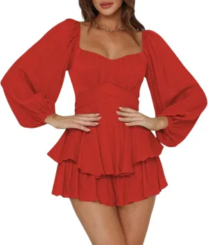 Ahtyeo Women's Casual Off Shoulder Romper Double Layer Ruffle Hem Waist Tie Short Jumpsuits Long Baggy Sleeves Mini Dress