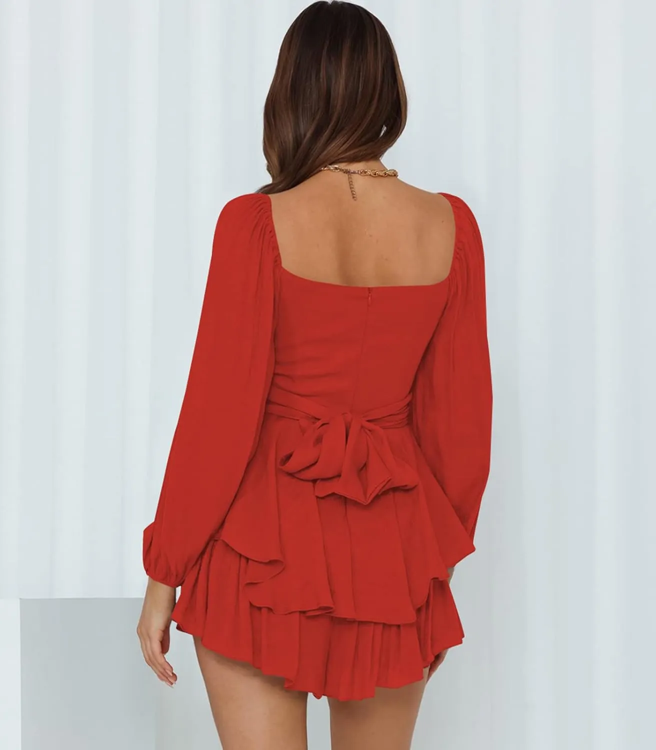 Ahtyeo Women's Casual Off Shoulder Romper Double Layer Ruffle Hem Waist Tie Short Jumpsuits Long Baggy Sleeves Mini Dress